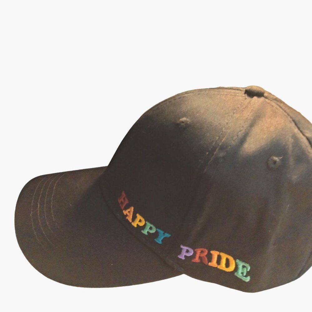 Happy Pride Baseball Cap  Gay Pride Apparel Rainbow LGBTQ Black Embroidered